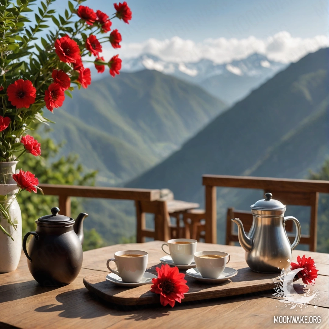 Спокойный деревянный стол с банкой красных цветов, кофейником и чашками, окружёнными нежным светом гирлянды, на фоне величественных гор.