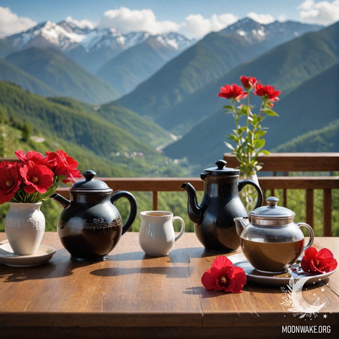 Спокойный деревянный стол с банкой красных цветов, кофейником и чашками на фоне гор.