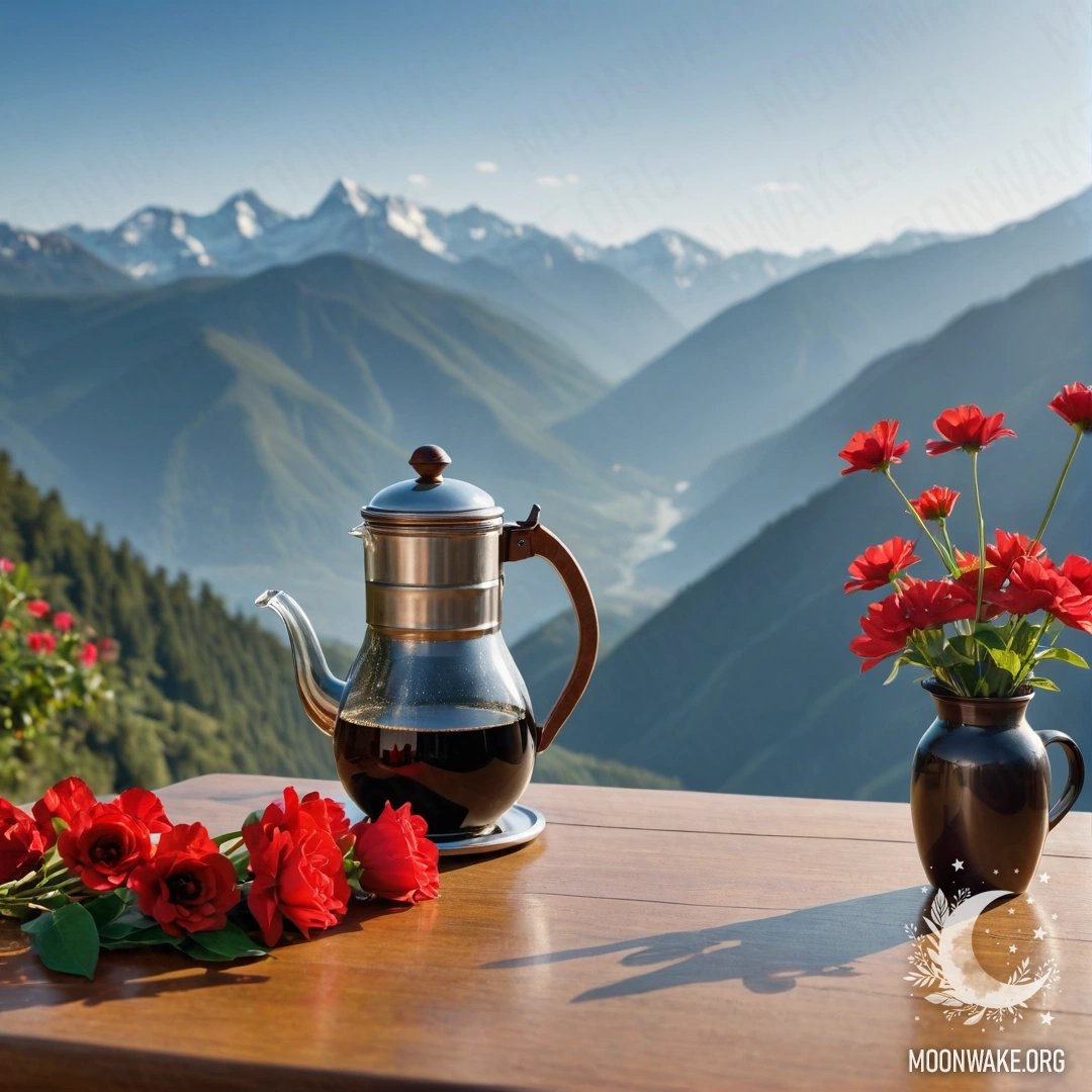Уютный деревянный столик с банкой красных цветов, кофейником и чашками на фоне величественных гор.