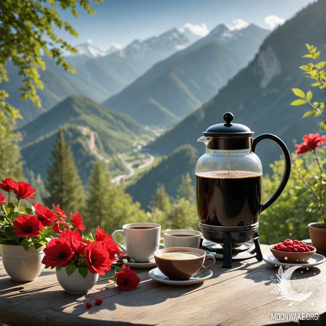 Деревянный стол с красными цветами, кофейником и чашками на фоне гор, освещённых солнечными лучами.