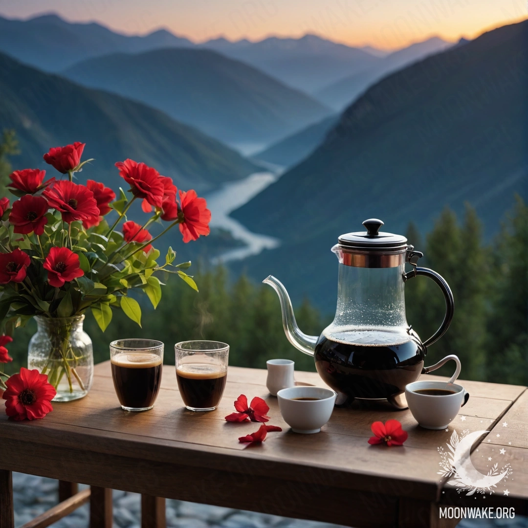 Спокойный деревянный стол с банкой красных цветов и кофейником на фоне гор ночью.