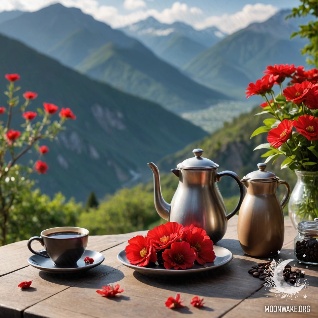 Спокойный деревянный стол на фоне величественных гор, на котором расположены банка с красными цветами, кофейник и чашки, запечатленные через объектив.
