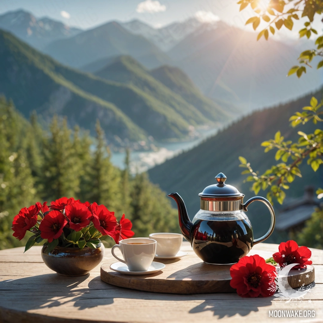 Деревянный стол с красными цветами, кофейником и чашками на фоне гор.