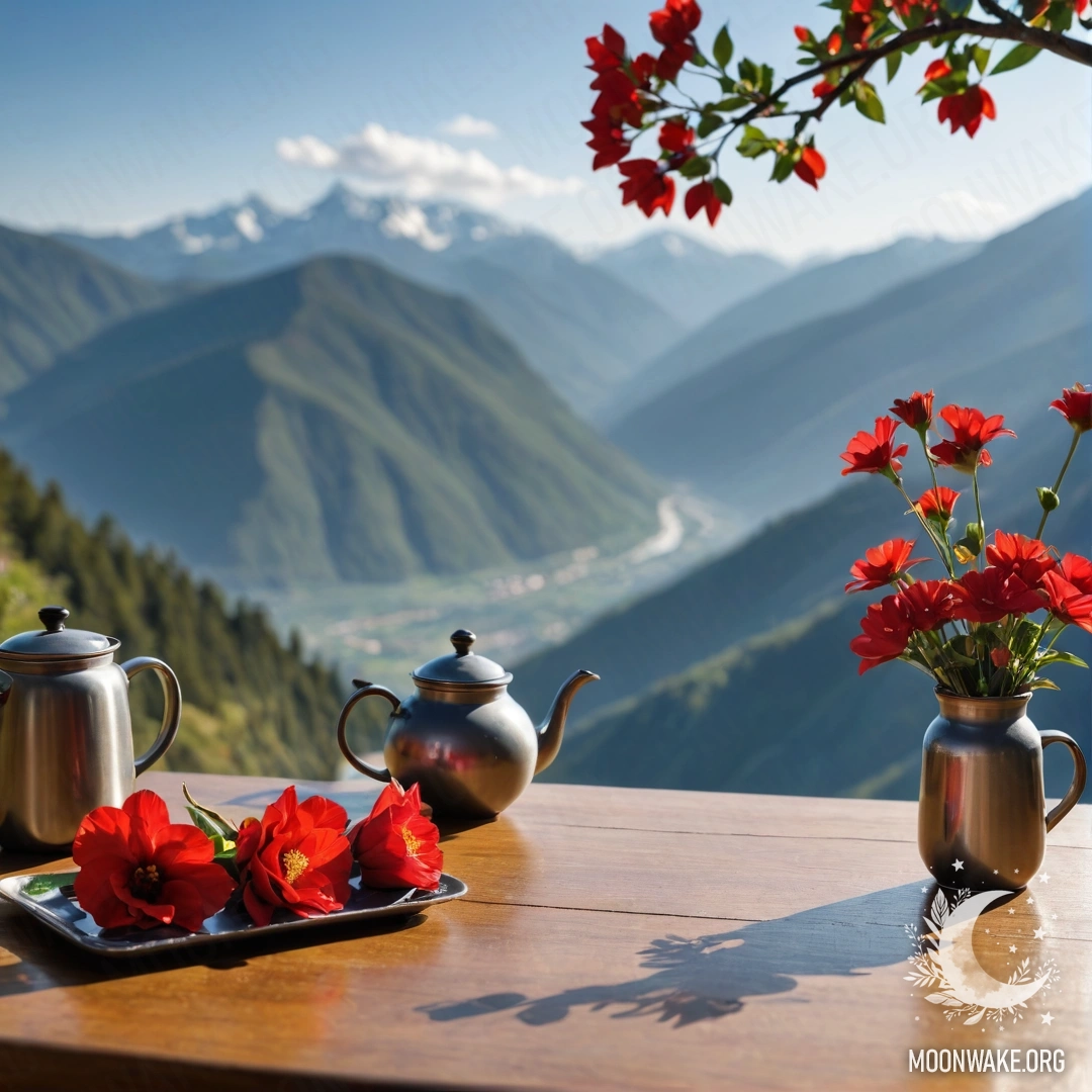 Спокойный деревянный стол с банкой красных цветов, кофейником и чашками на фоне гор.