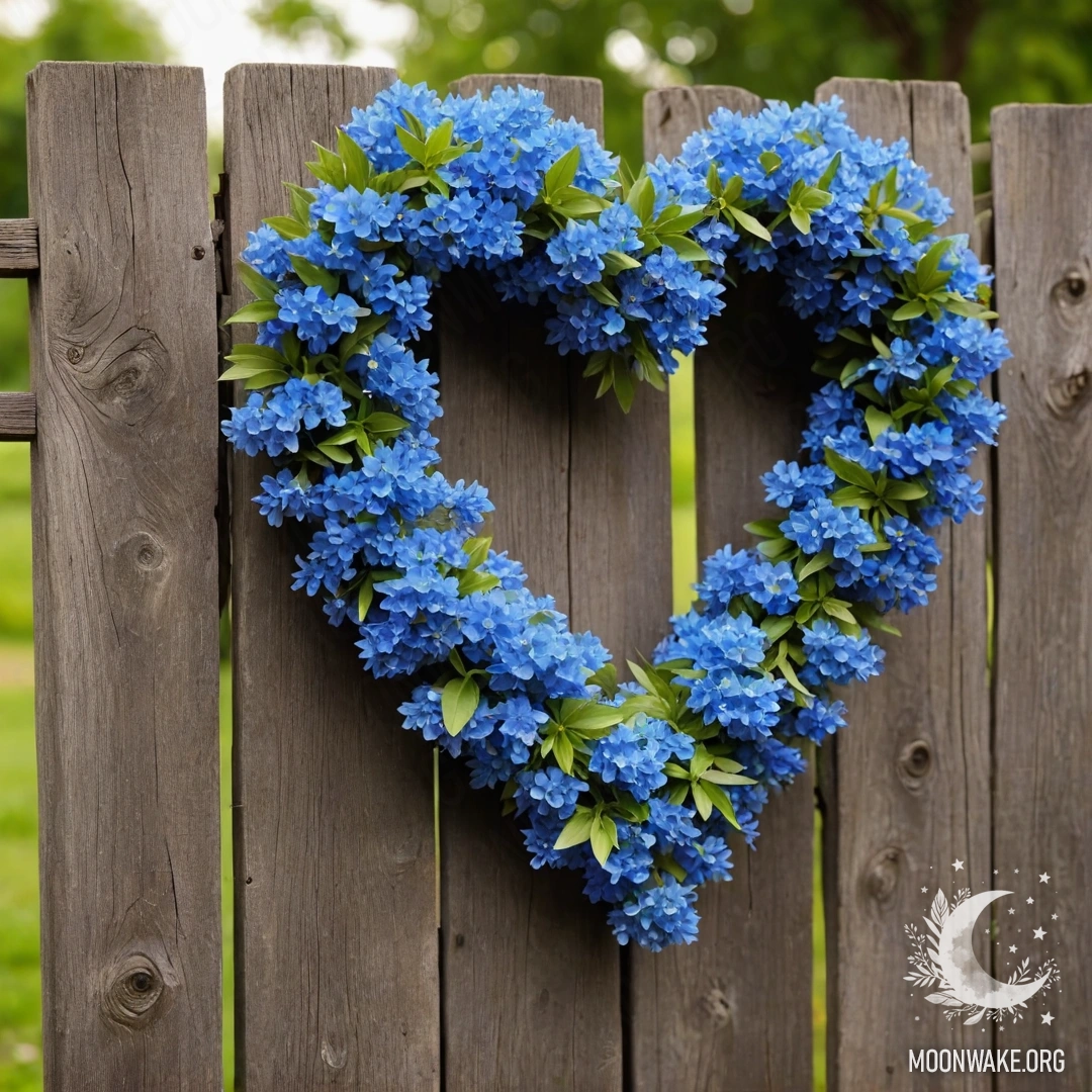 Круглый деревянный стол с фарфоровым чайником, наполненным синими цветами, и нежным светом гирлянды.