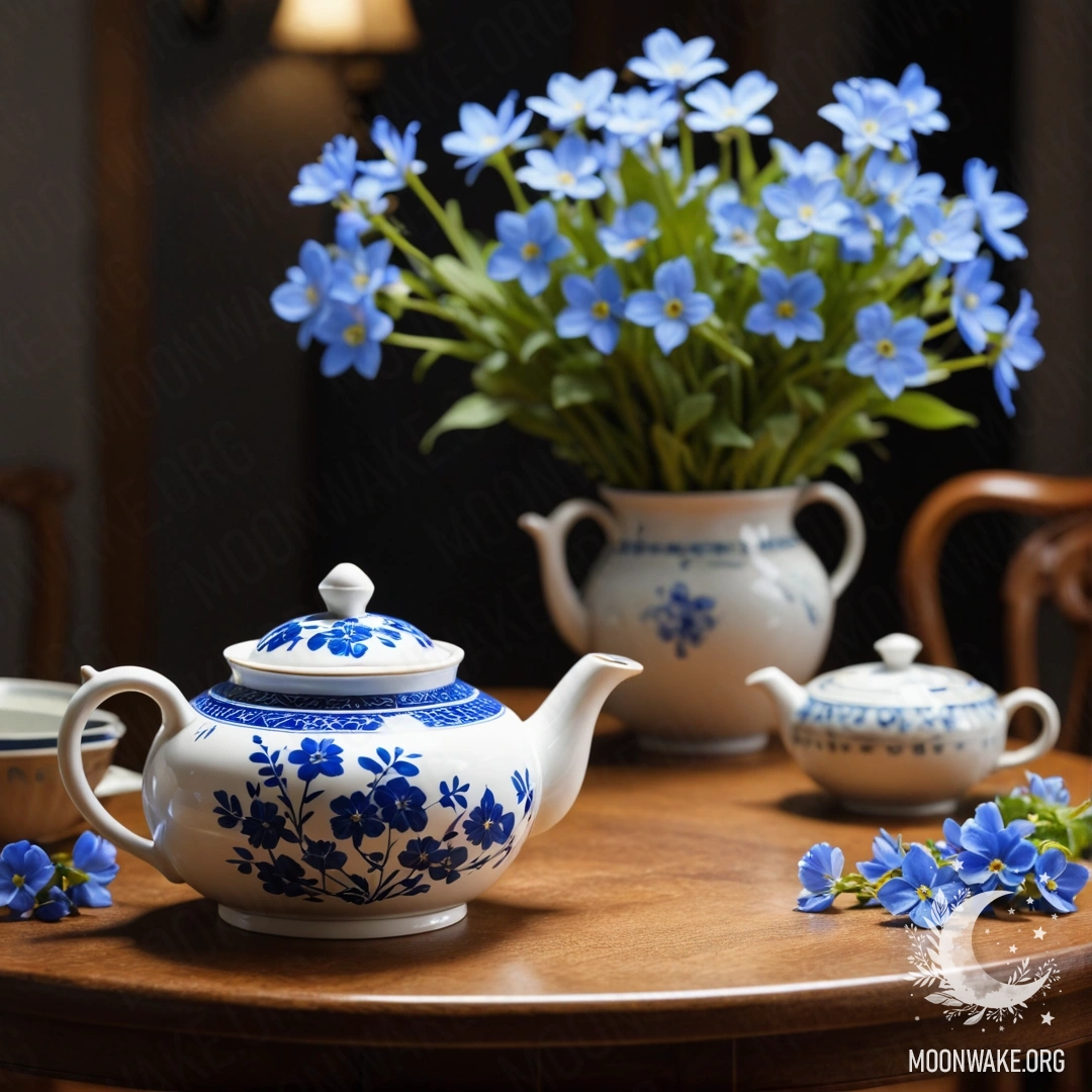 Фарфоровый чайник с синими цветами на деревянном столе ночью.