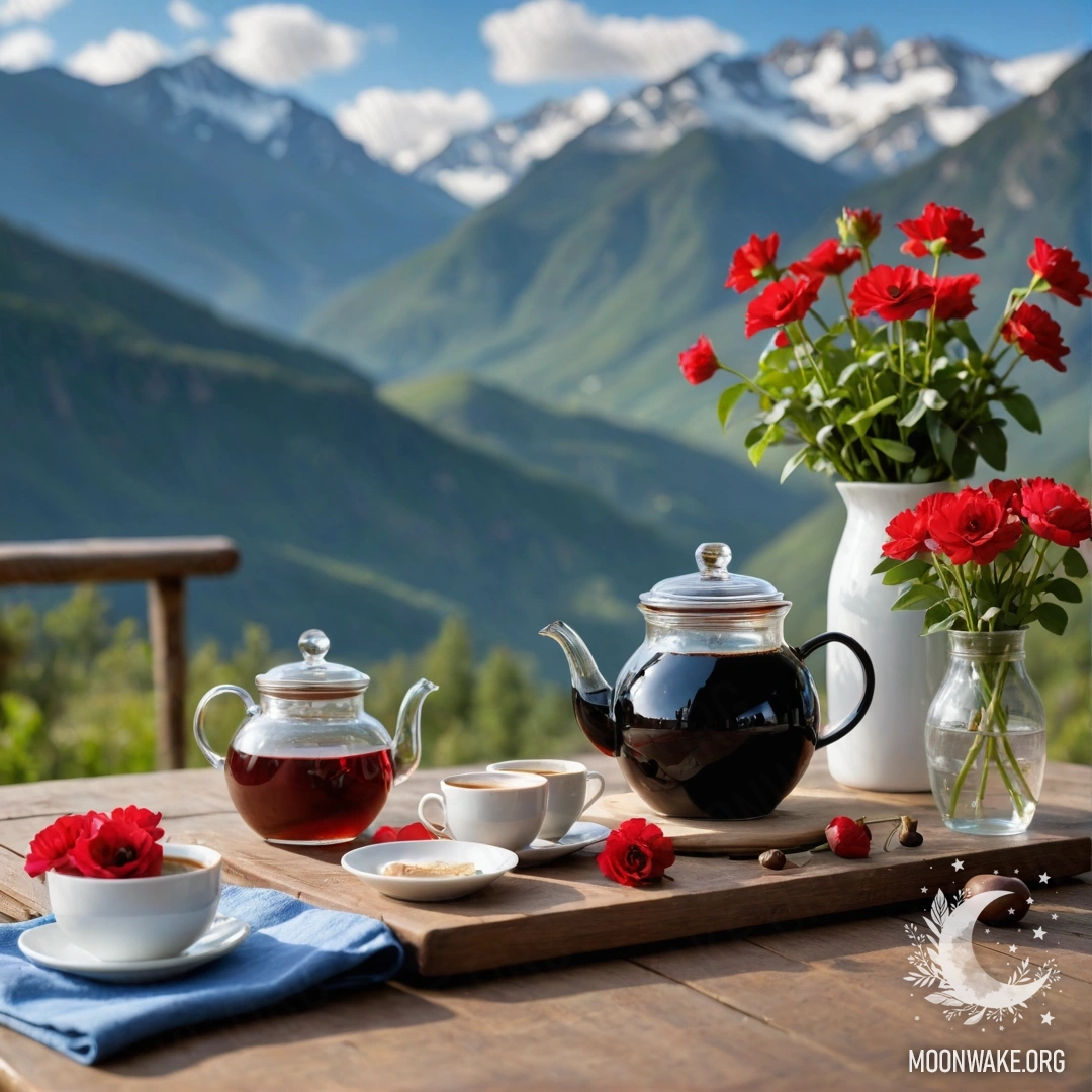 Деревянный стол с красными цветами, кофейником и чашками на фоне гор.