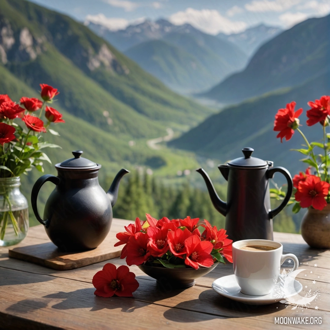 Деревянный стол с банкой красных цветов, кофейником и чашками на фоне гор.