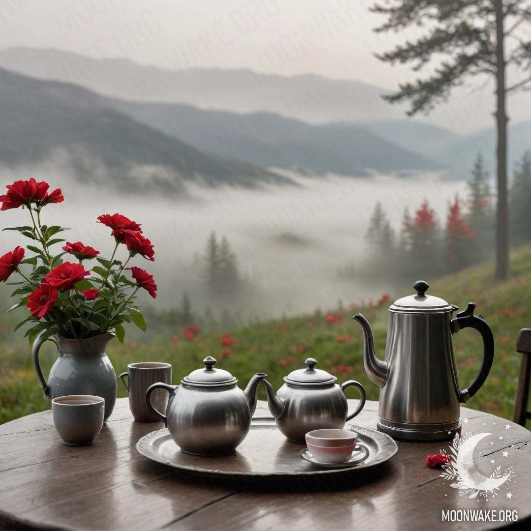 Спокойный деревянный стол с банкой красных цветов и кофейником с чашками на фоне гор, окутанных густым туманом.