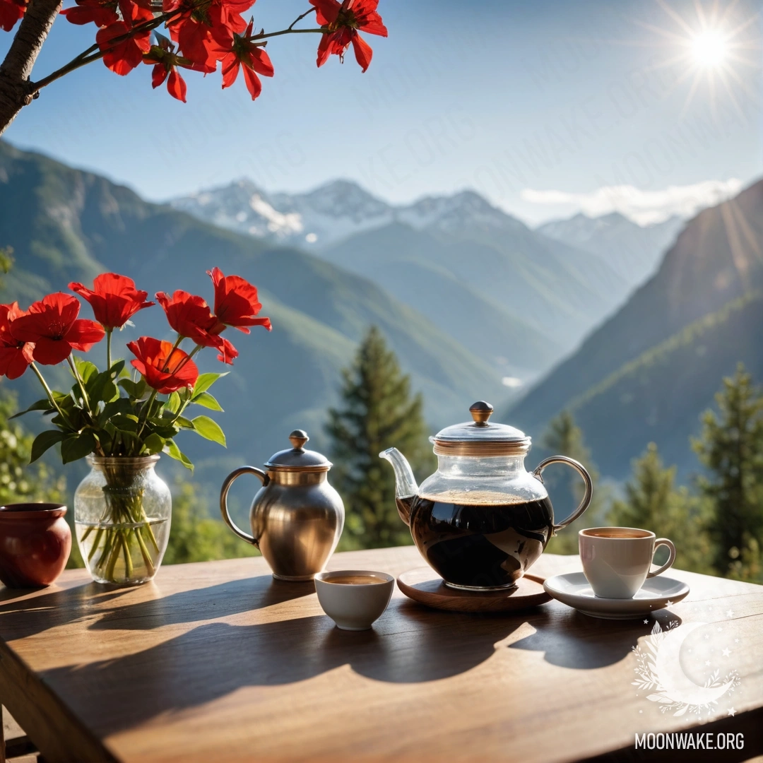 Спокойный деревянный стол, украшенный банкой с красными цветами, кофейником и чашками, на фоне гор, освещенных солнечными лучами.