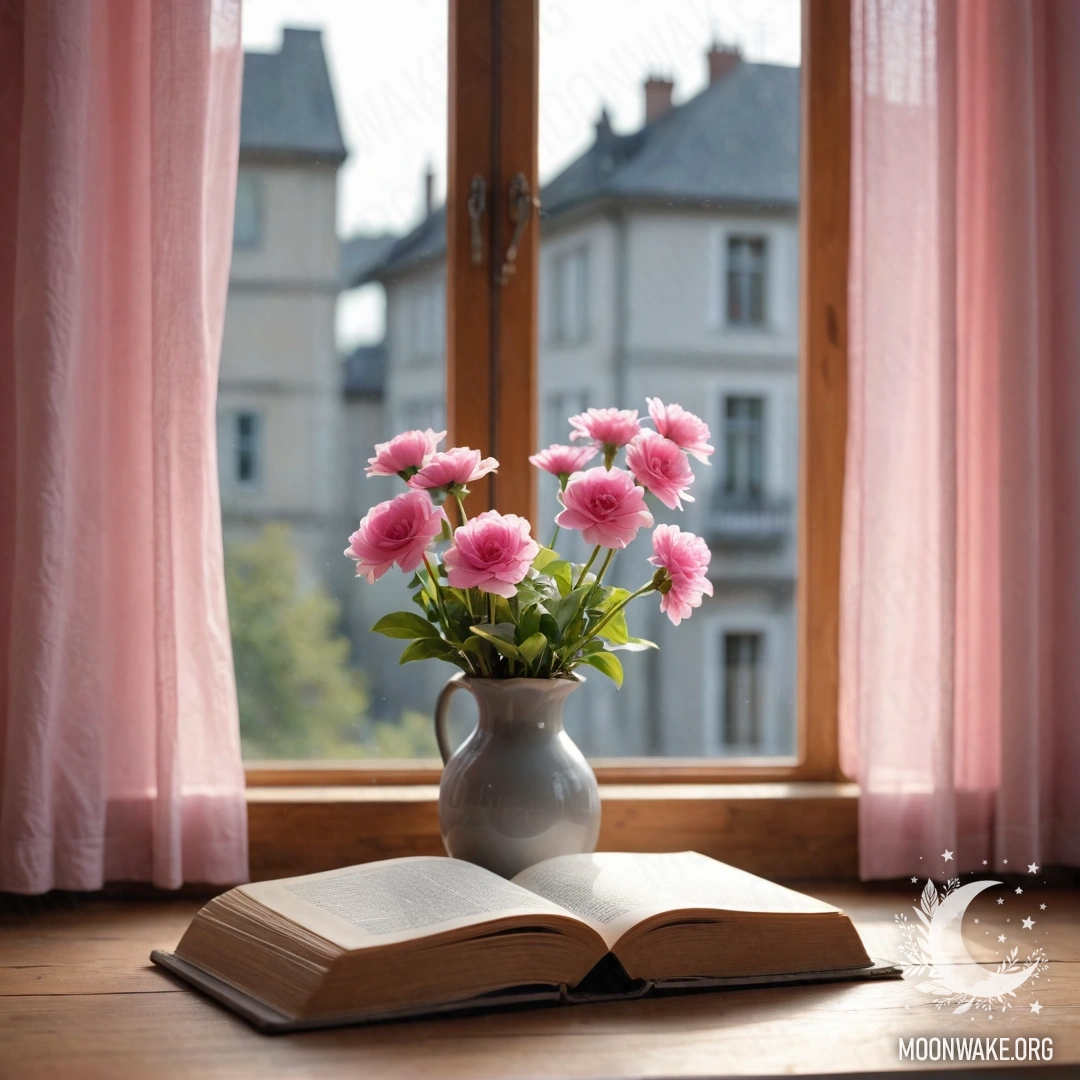 Деревянный подоконник со старой книгой, серой вазой с розовыми цветами и розовой занавеской с гирляндой света.