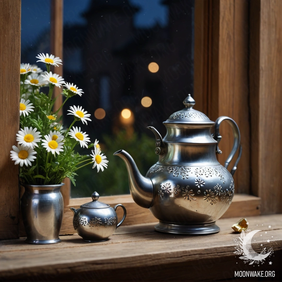 Старый деревянный подоконник, украшенный металлическим чайником с ромашками ночью.
