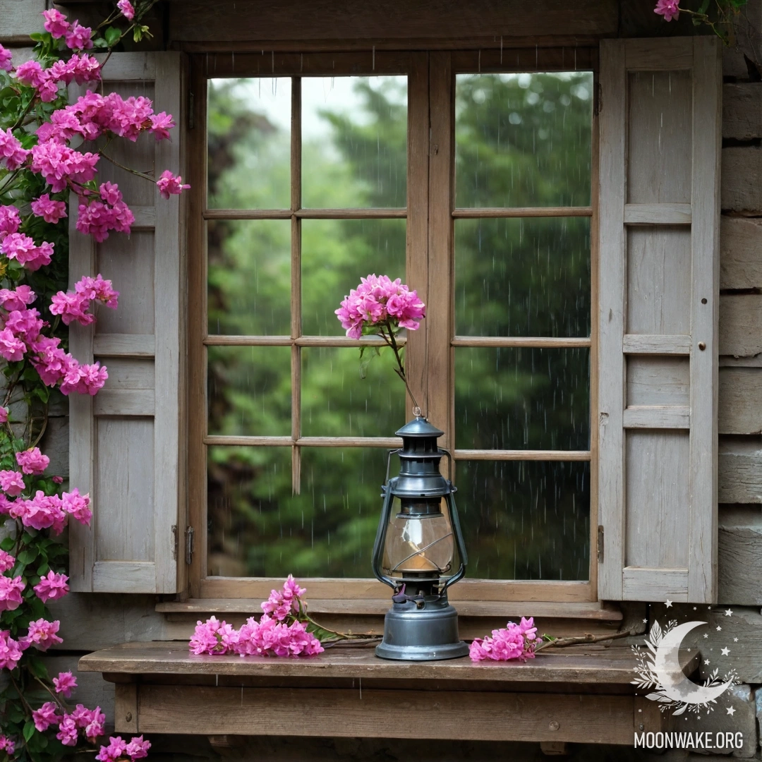 Старое деревянное окно с ставнями, украшенное розовыми цветами под дождем и подвешенной керосиновой лампой сверху.