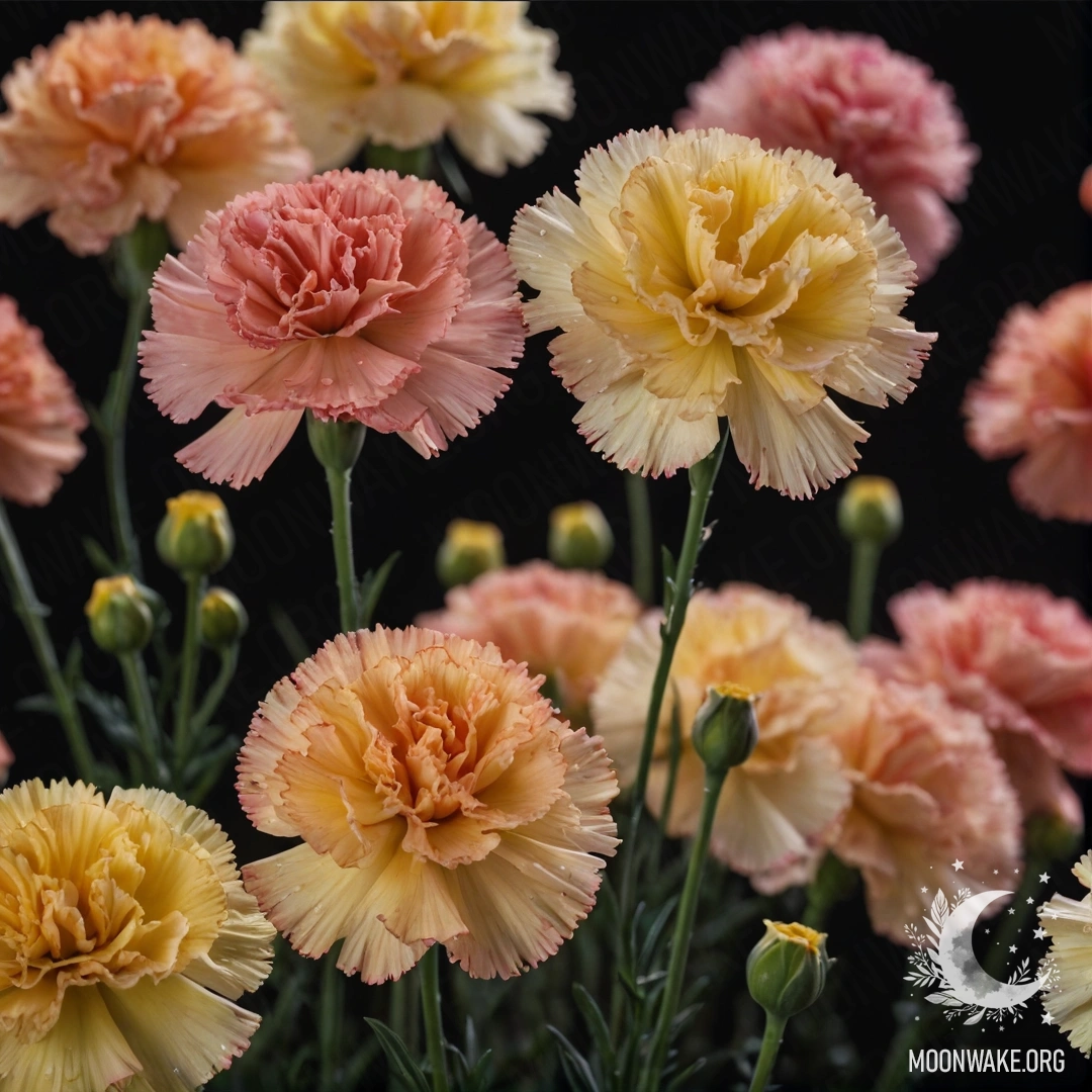 Спокойная жёлтая гвоздика, окружённая туманом в ночное время.