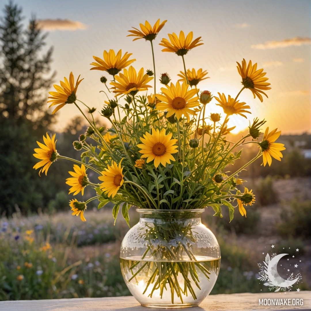 Ваза с спокойными желтыми полевыми цветами, озаренными закатом.