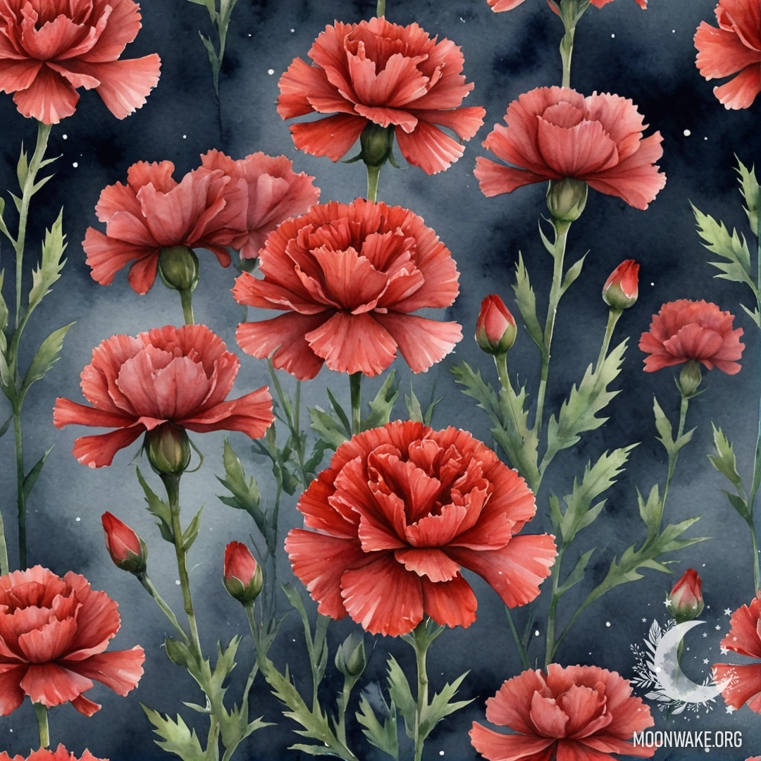 Нежная красная гвоздика, окруженная мягким туманом ночью.