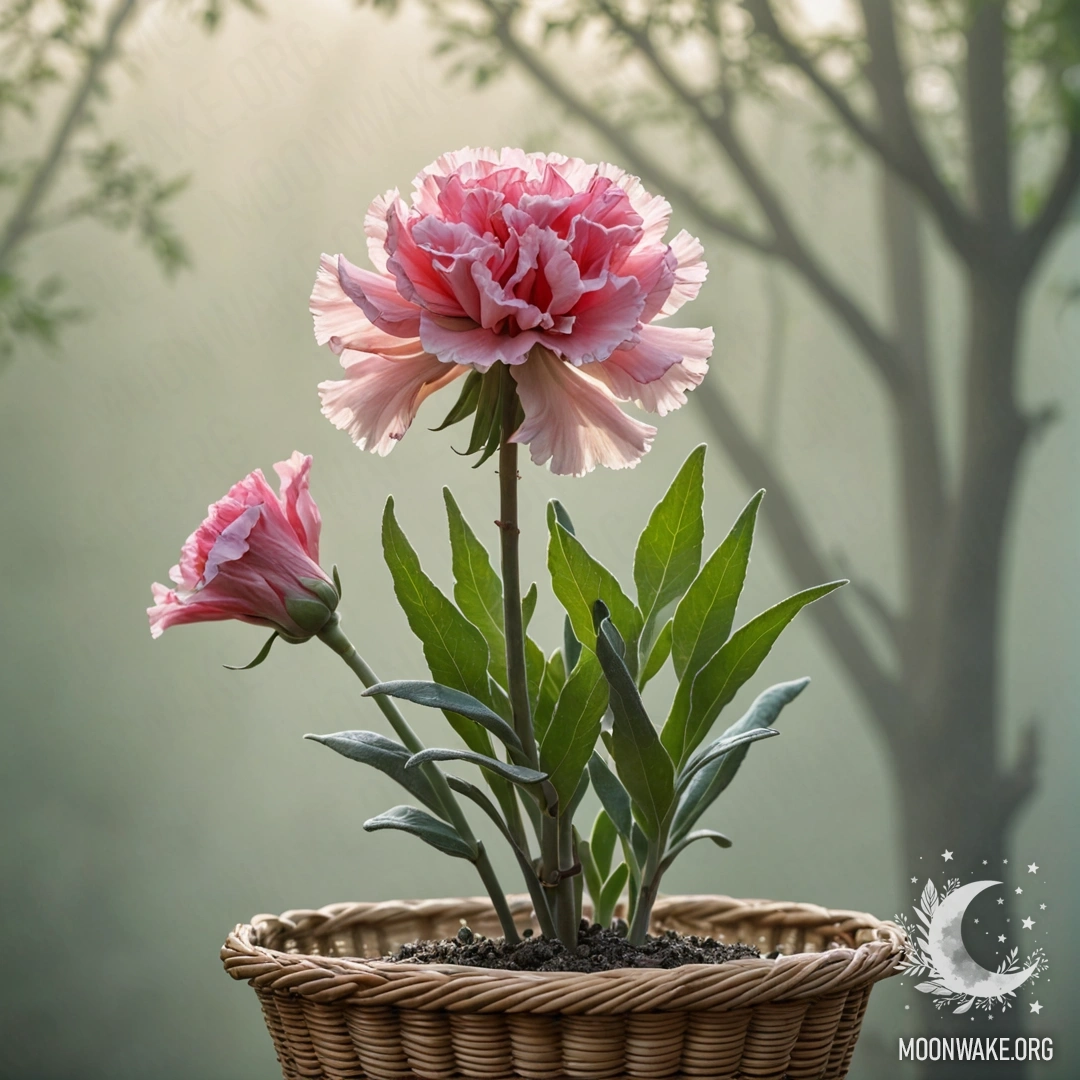 Нежная гвоздика располагается в корзине цвета шалфея, окруженная мягким туманом и озаренная солнечными лучами.