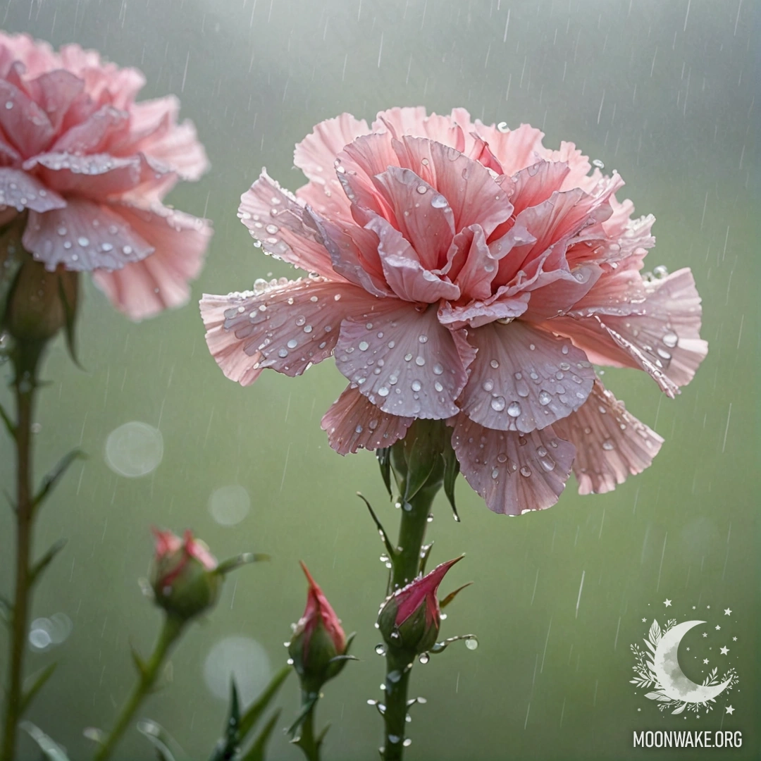 Нежный цветок гвоздики в туманной обстановке с каплями дождя и солнечными лучами.