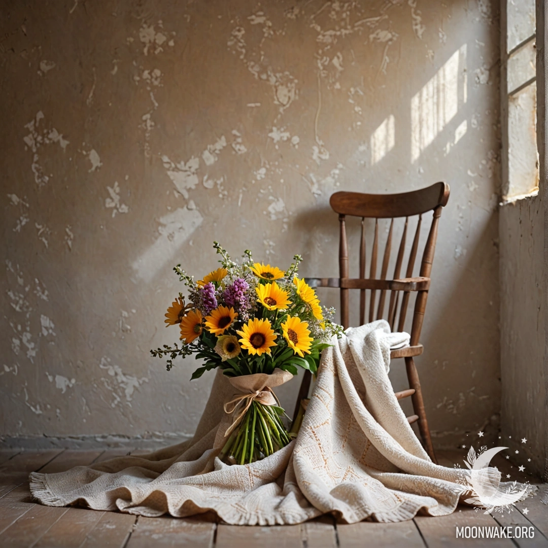 Уютный стул с пледом и букетом цветов на нем на фоне потрепанной стены, освещенной солнечными лучами.