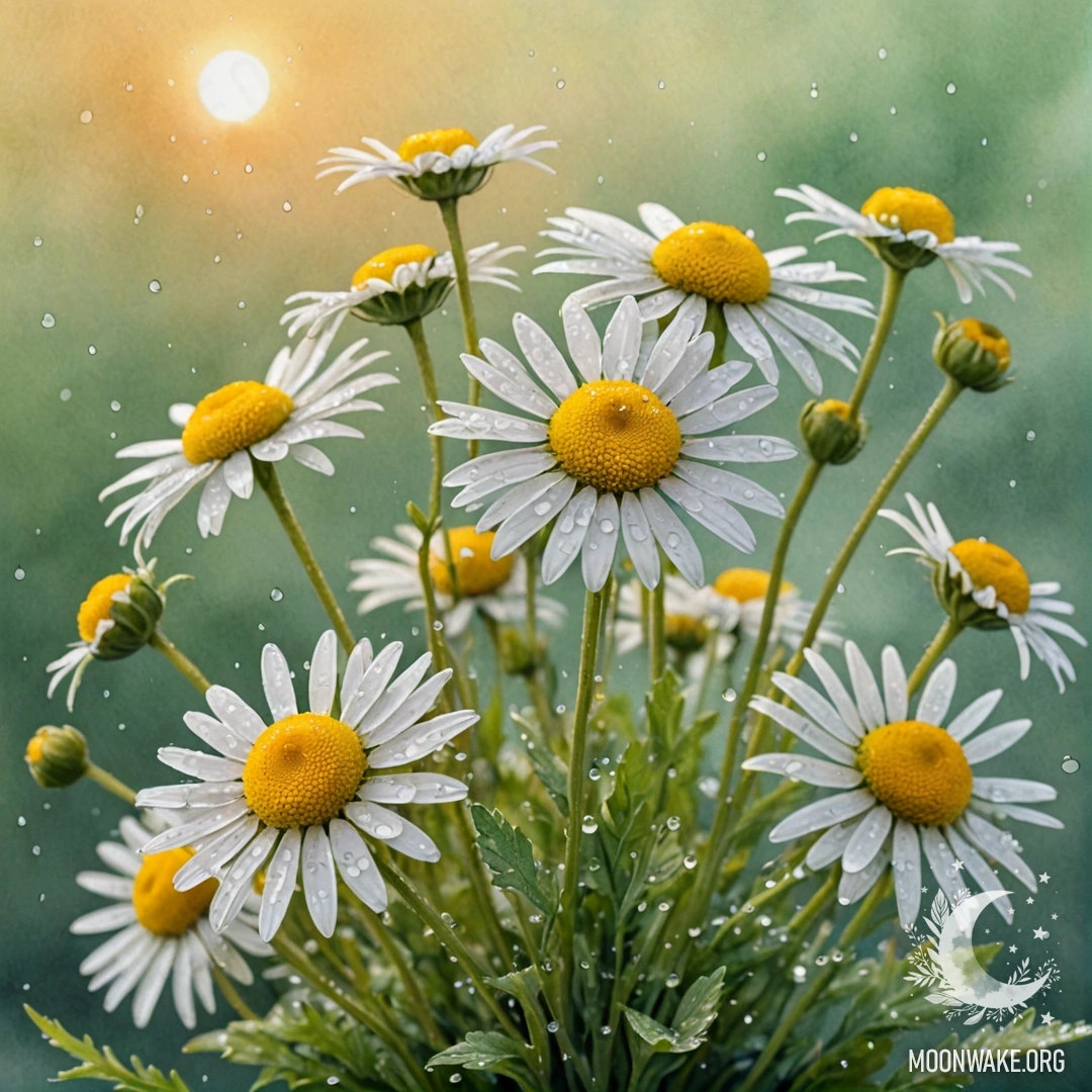 Букет ромашек с каплями росы мятного цвета на закате.