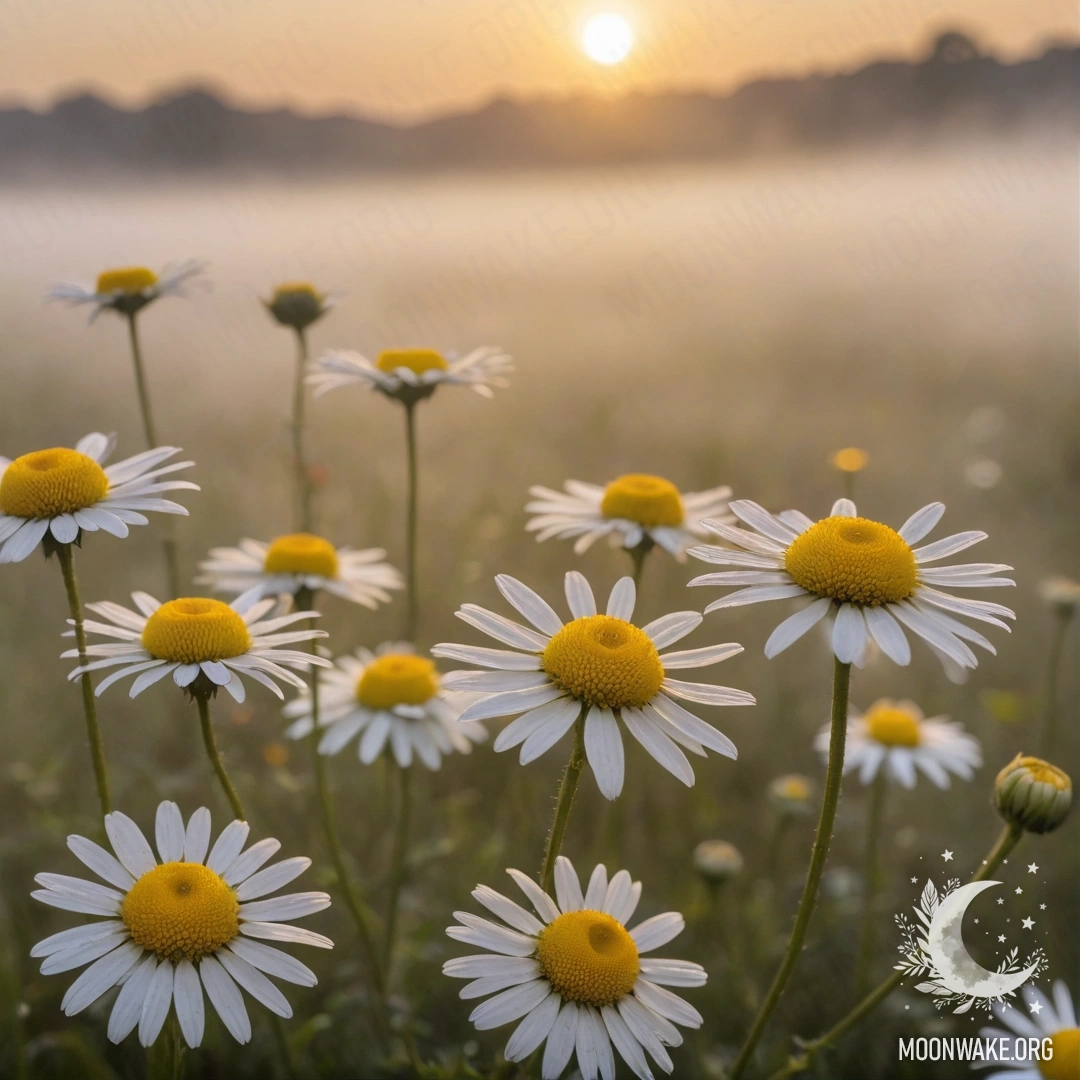 Красивая ромашка, окруженная туманом, на фоне заката с теплыми желтыми оттенками.