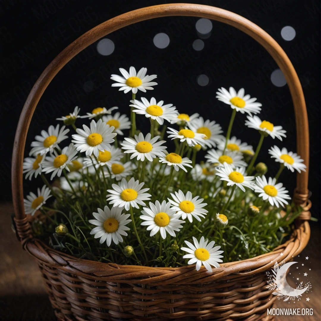 Корзина, наполненная ромашками, окруженная туманом ночью.