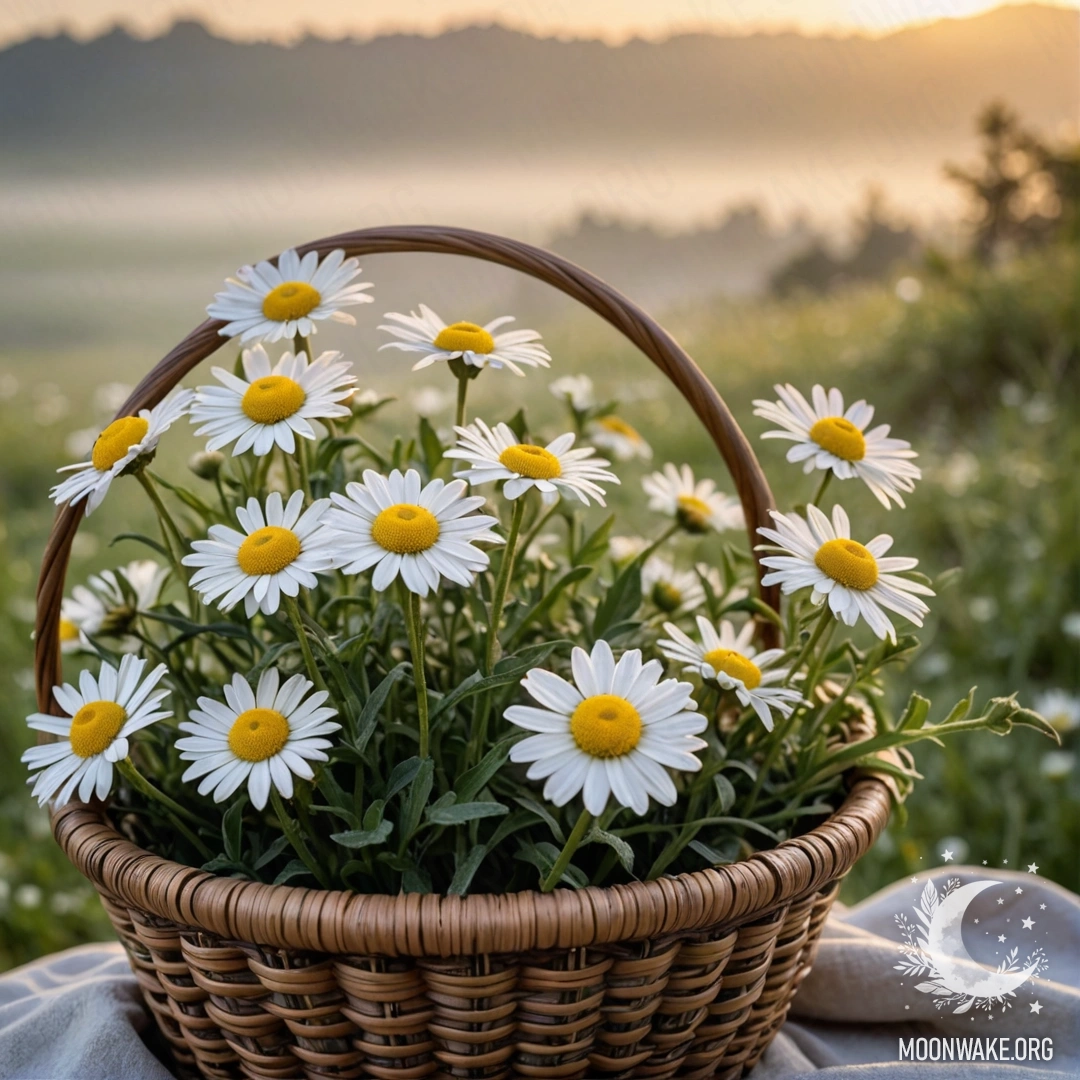 Корзина, наполненная красивыми ромашками, окутанная туманом на закате.