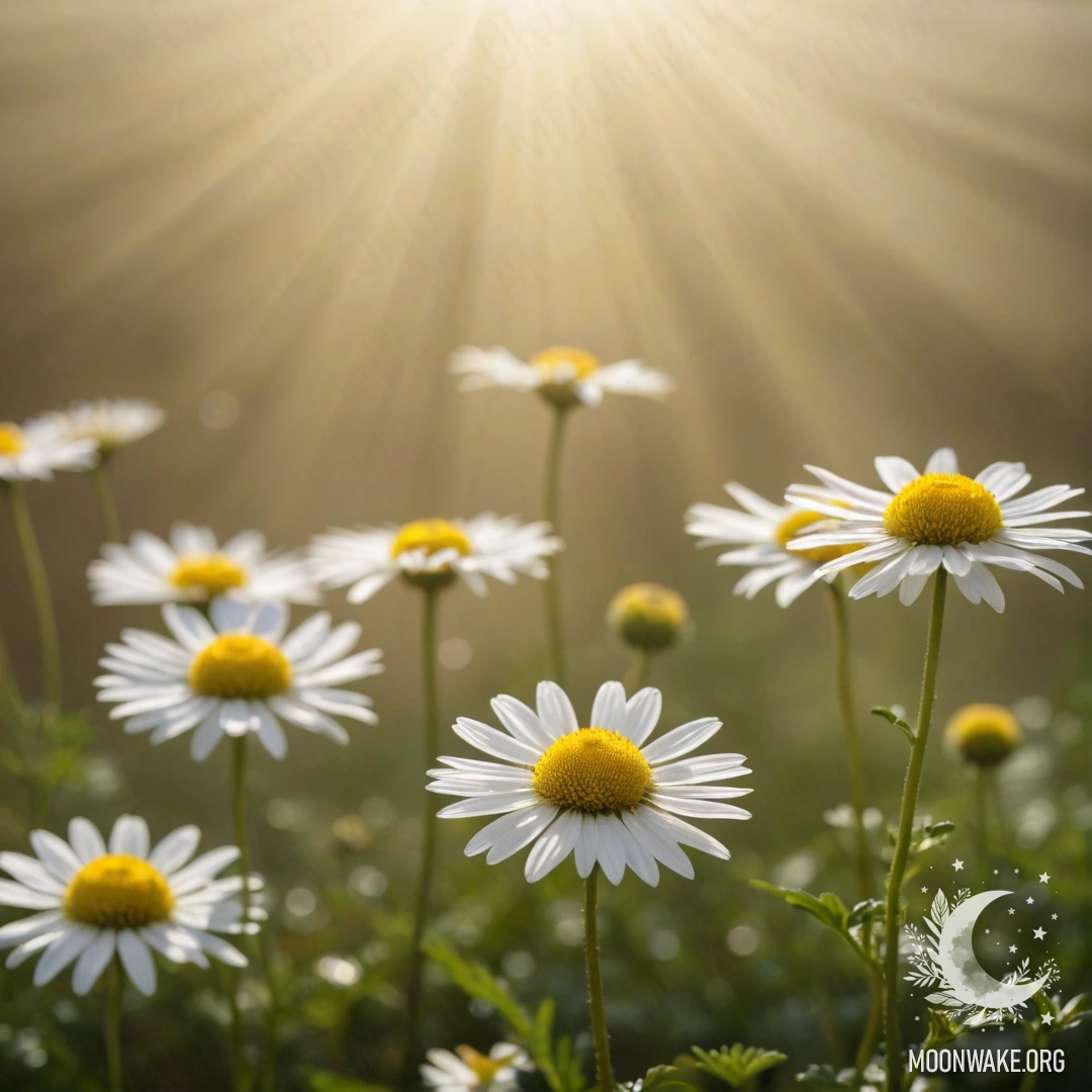 Нежный цветок ромашки, окутанный легким туманом под золотыми лучами.