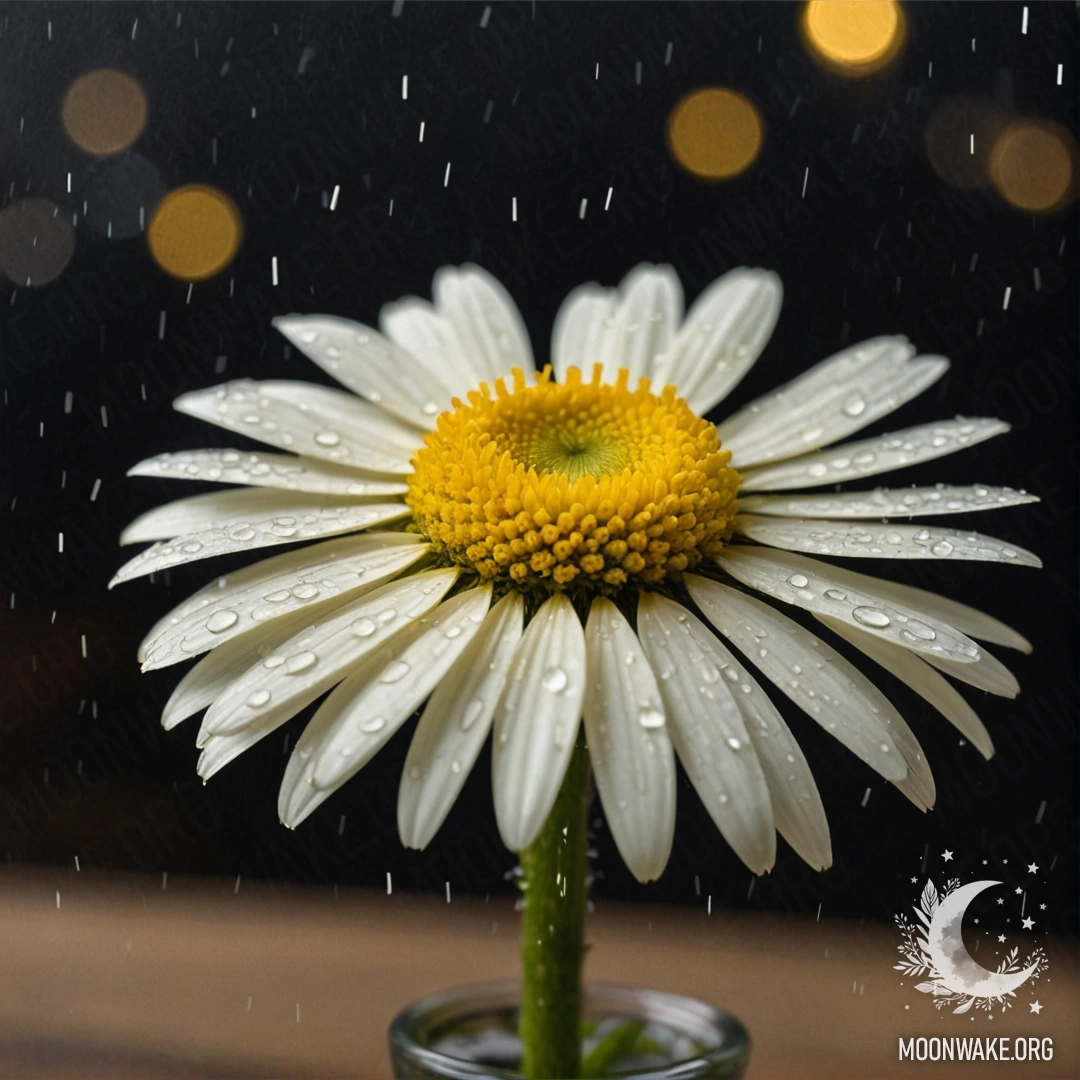 Ваза, наполненная ромашками кремового цвета, под дождем ночью.