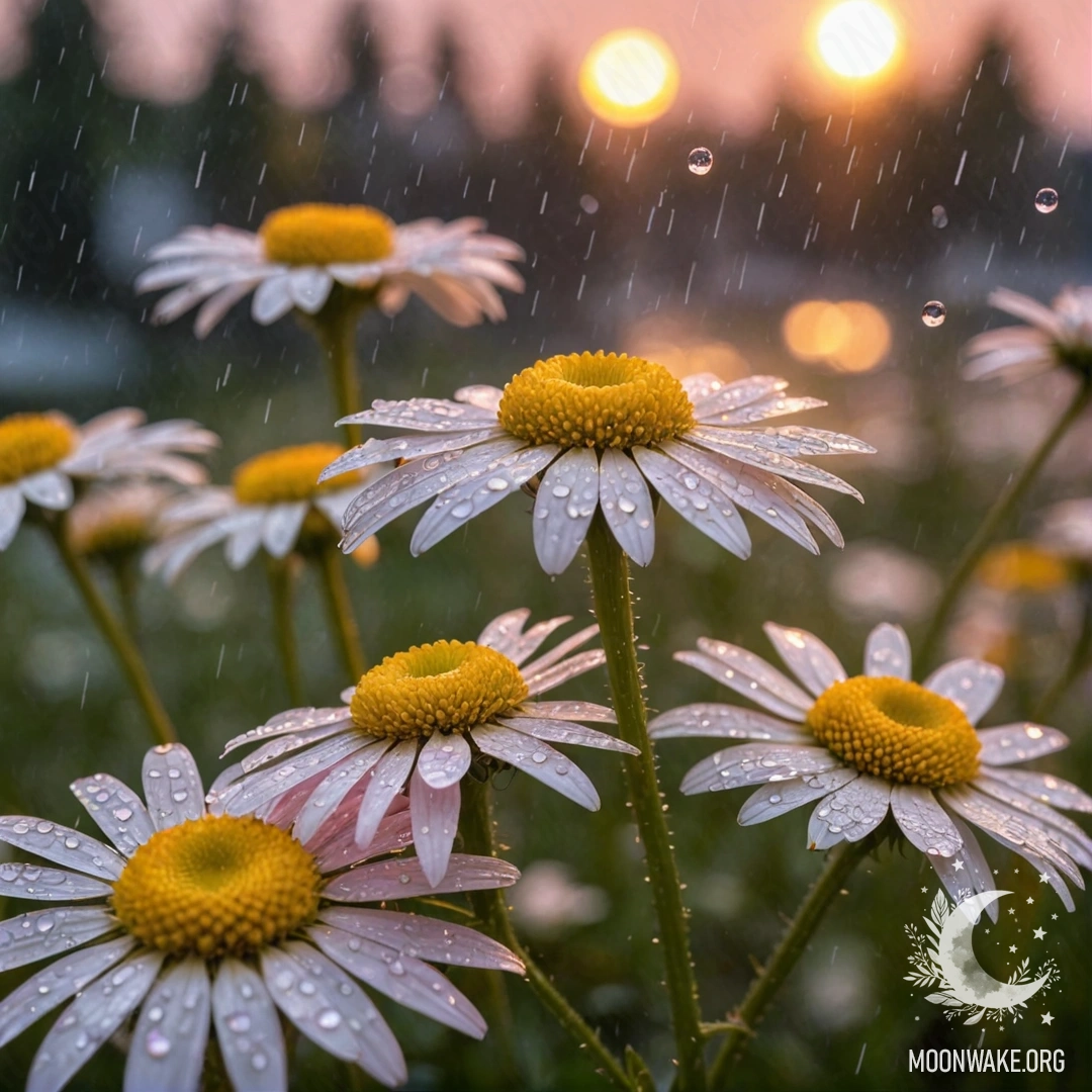 Спокойная ромашка, освещенная розовым дождем на закате.