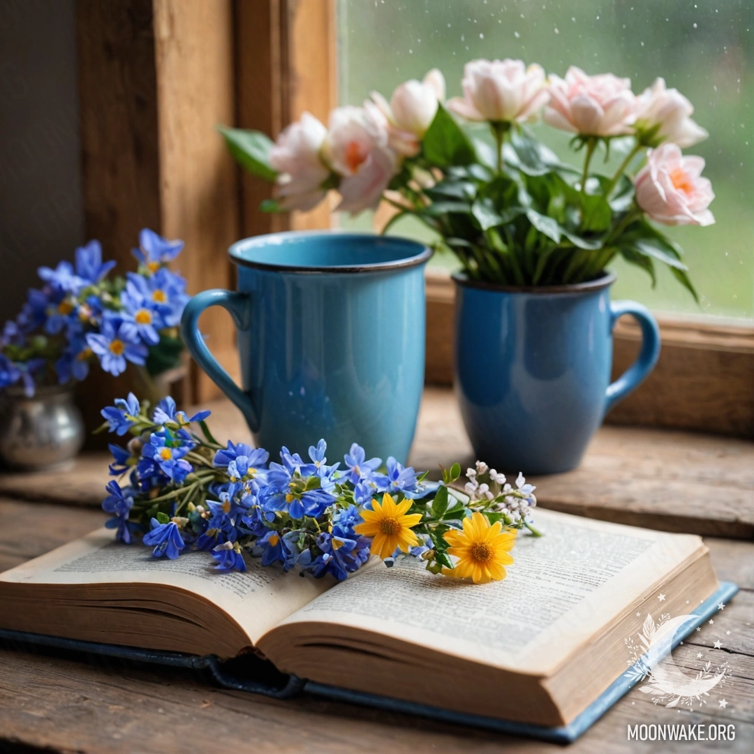 Синий бук на деревянном подоконнике рядом с синей кружкой, полной цветов и огней.