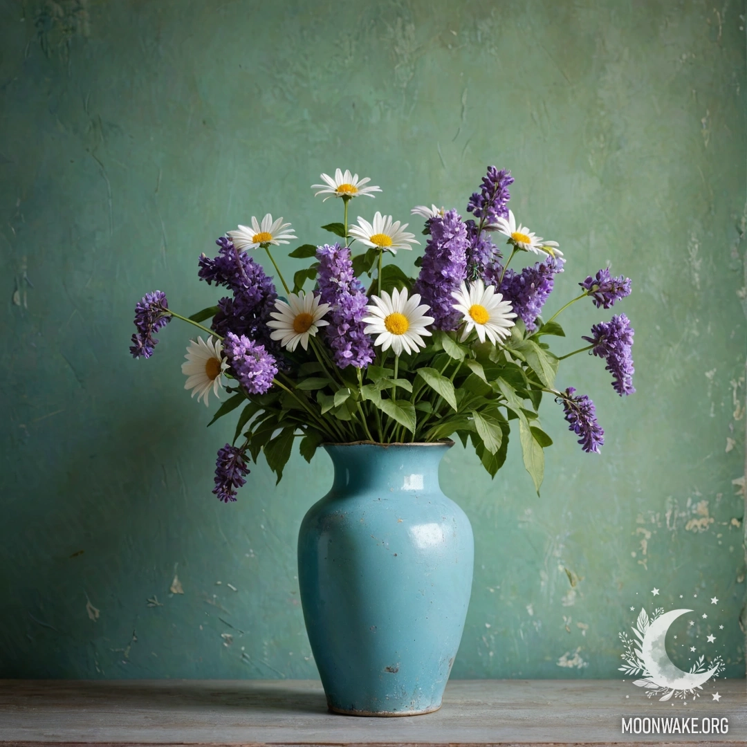 Старая голубая дверь, украшенная букетом маков на ручке, подсвеченная гирляндой световых огней.