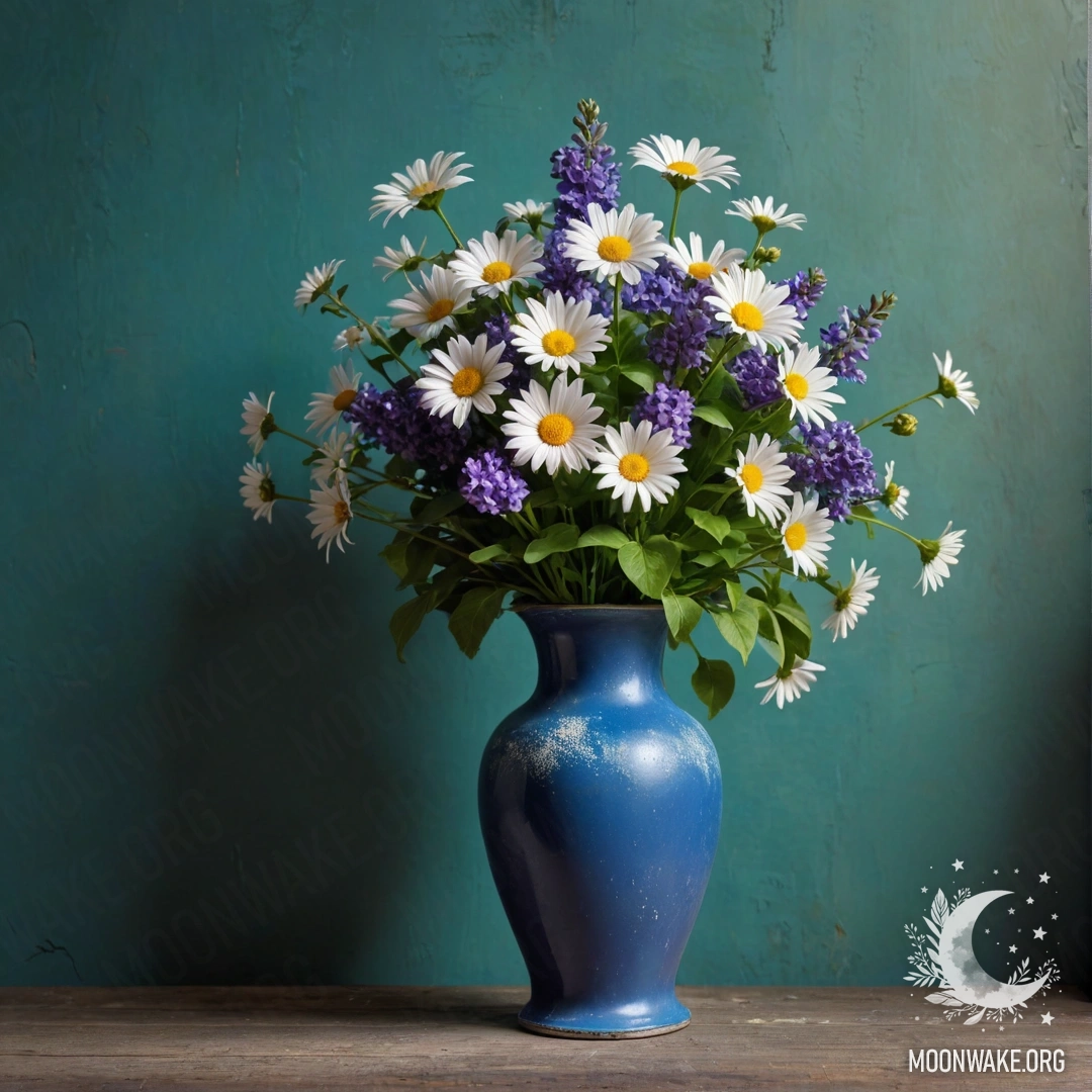 Потертый металлический синий вазон с ромашками и сиренью на зеленоватой стене ночью.