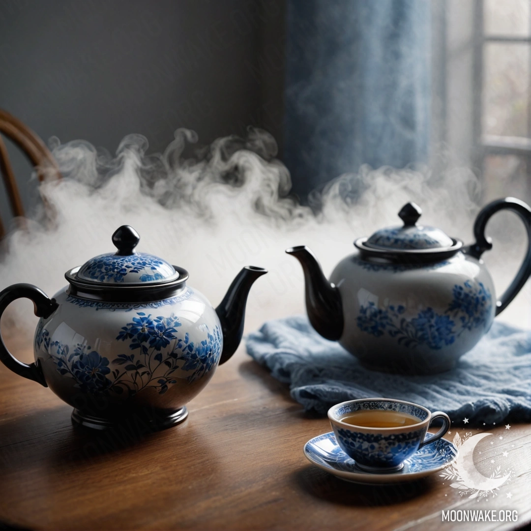 Потрепанная голубая металлическая ваза, наполненная ромашками и сиренью, на фоне зеленоватой стены.