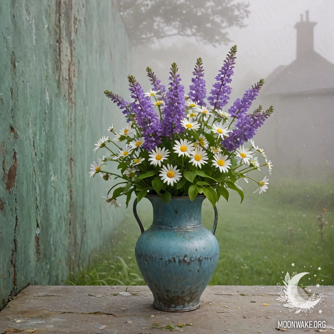 Старомодная голубая ваза, наполненная ромашками и сиренью, на фоне зеленоватой стены в густом тумане.