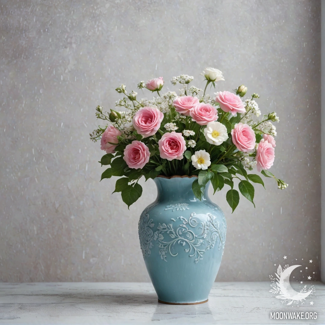 Голубой вазон с белыми и розовыми цветами на фоне обветренной белой стены под дождем.