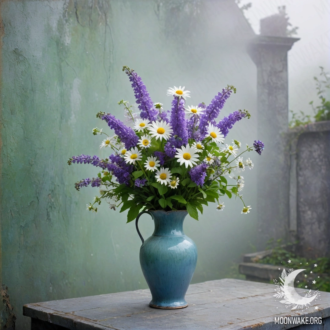 Потёртый голубой металлический вазон с ромашками и сиренью на зелёной стене, окутанной туманом.