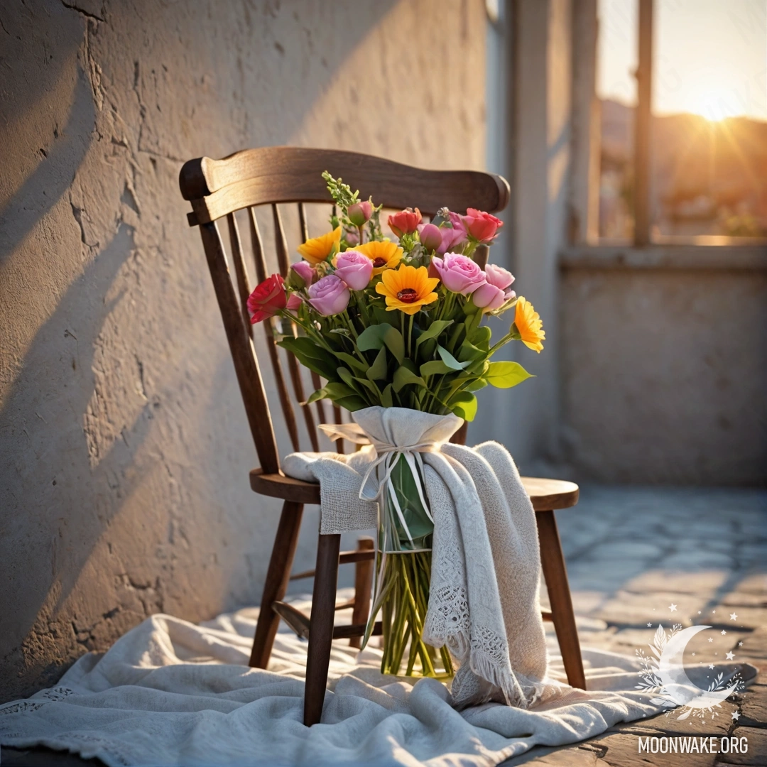 Фотореалистичное изображение кресла на фоне обшарпанной стены, накрытого пледом и украшенного букетом цветов на закате.