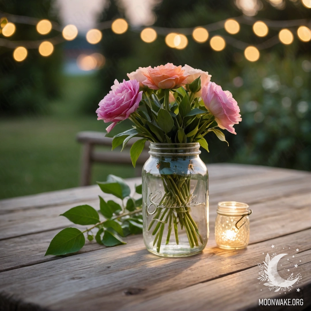 Старый деревянный стол с банкой цветов, освещённой закатным боке.