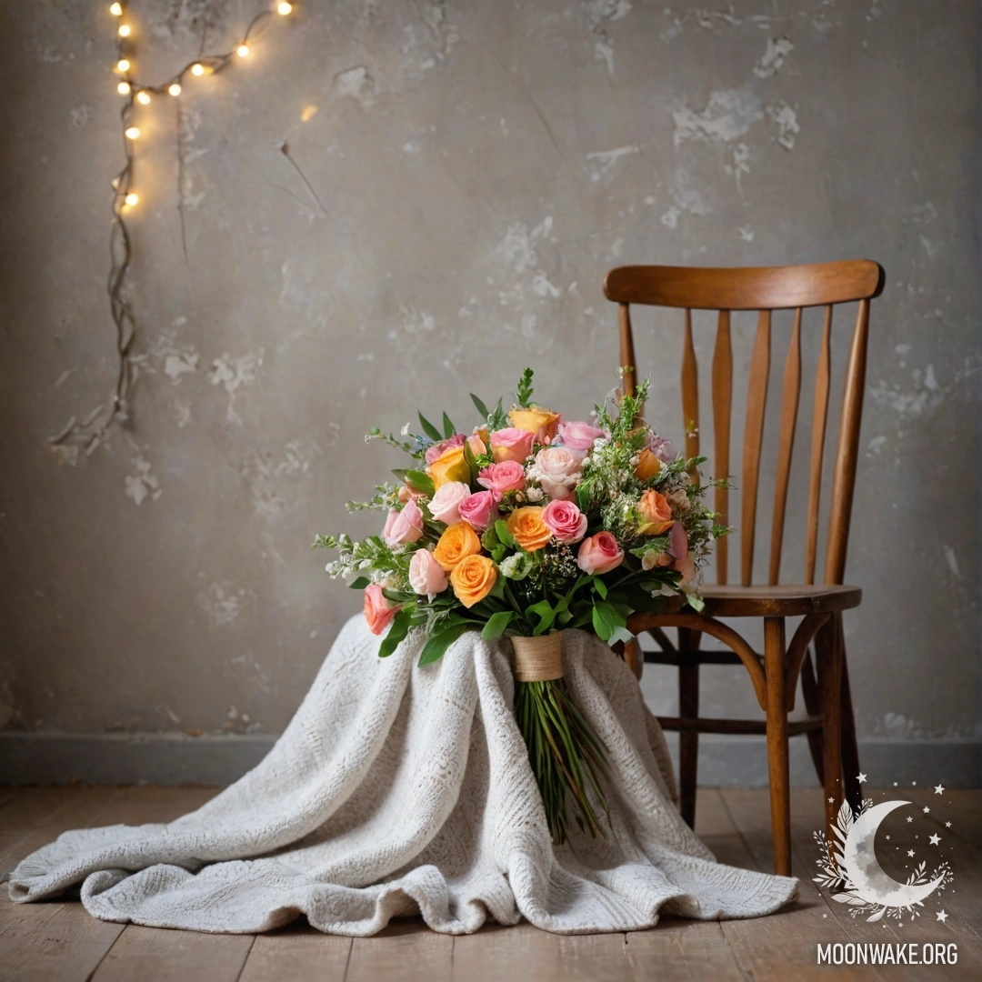 Уютное кресло, покрытое пледом, украшенное букетом цветов и мерцающей гирляндой на фоне потрепанной стены.