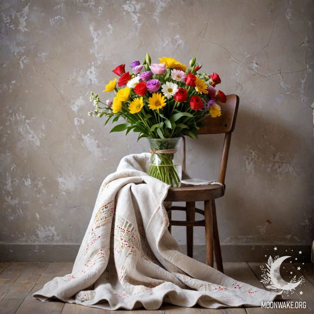 Уютное кресло с пледом и букетом цветов на нем на фоне обветшавшей стены.