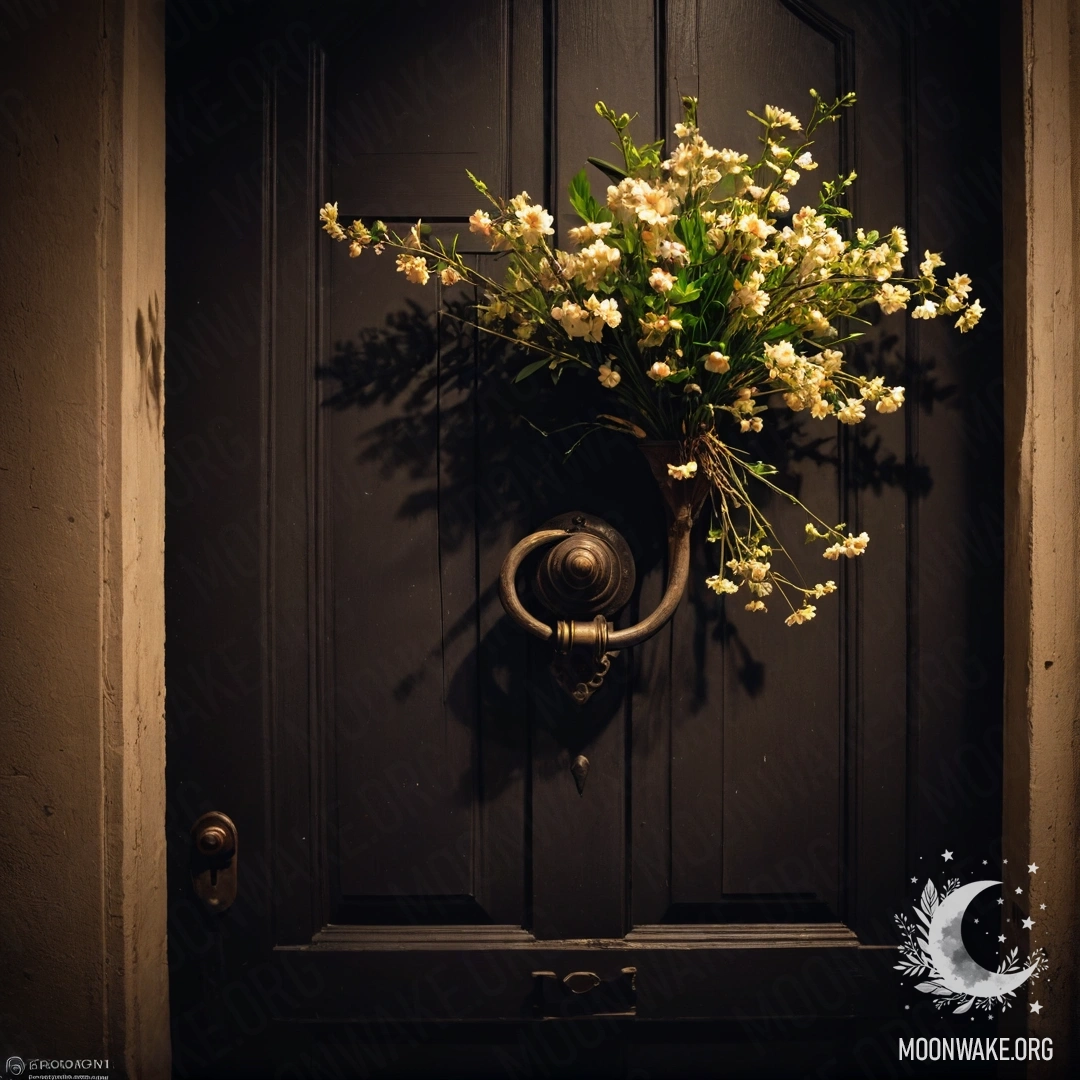 Старый деревянный стол, на котором стоит банка с цветами, и размытый фон из световых гирлянд под дождем.