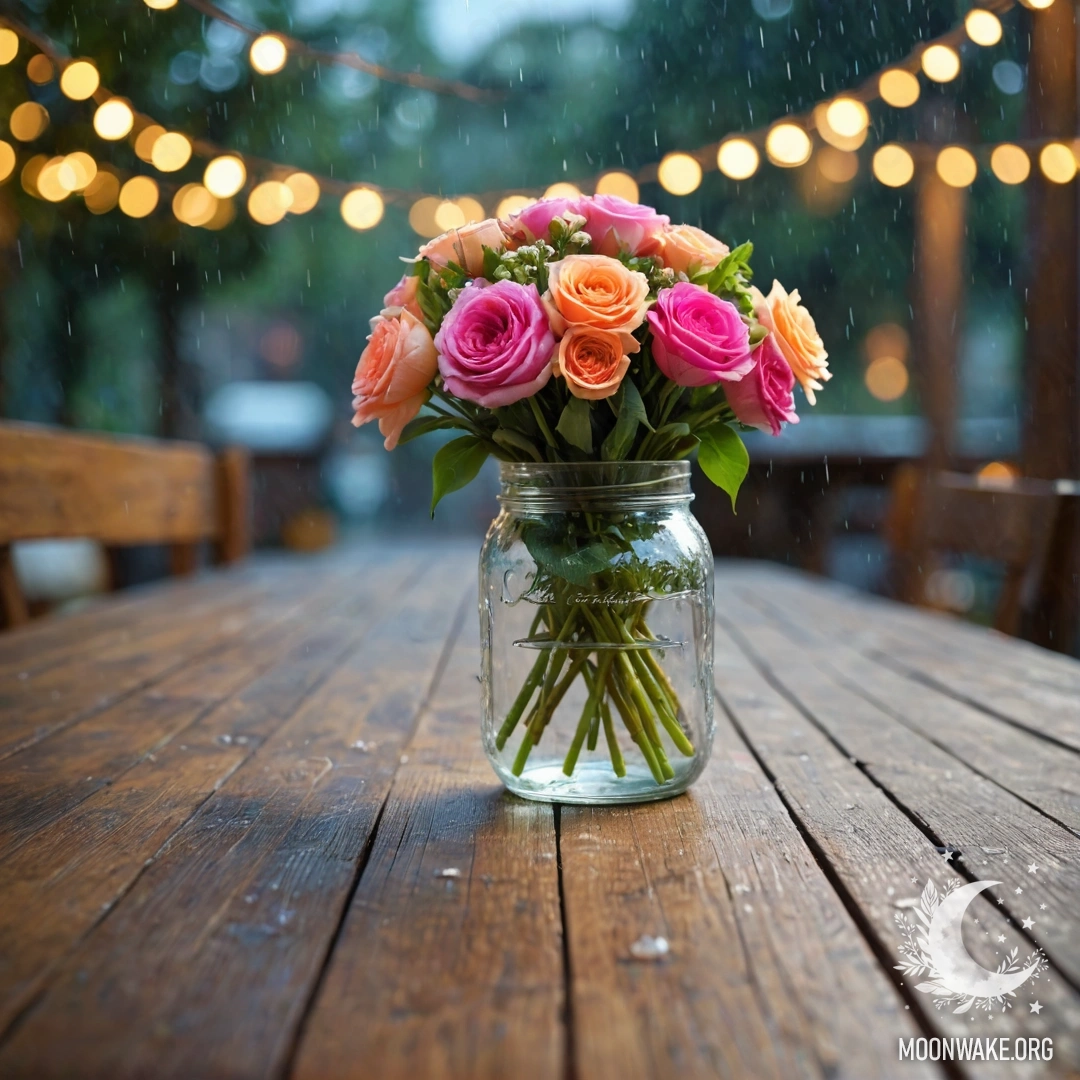 Старый деревянный стол, на котором стоит банка с цветами, на фоне рассеянный свет гирлянды под дождем.
