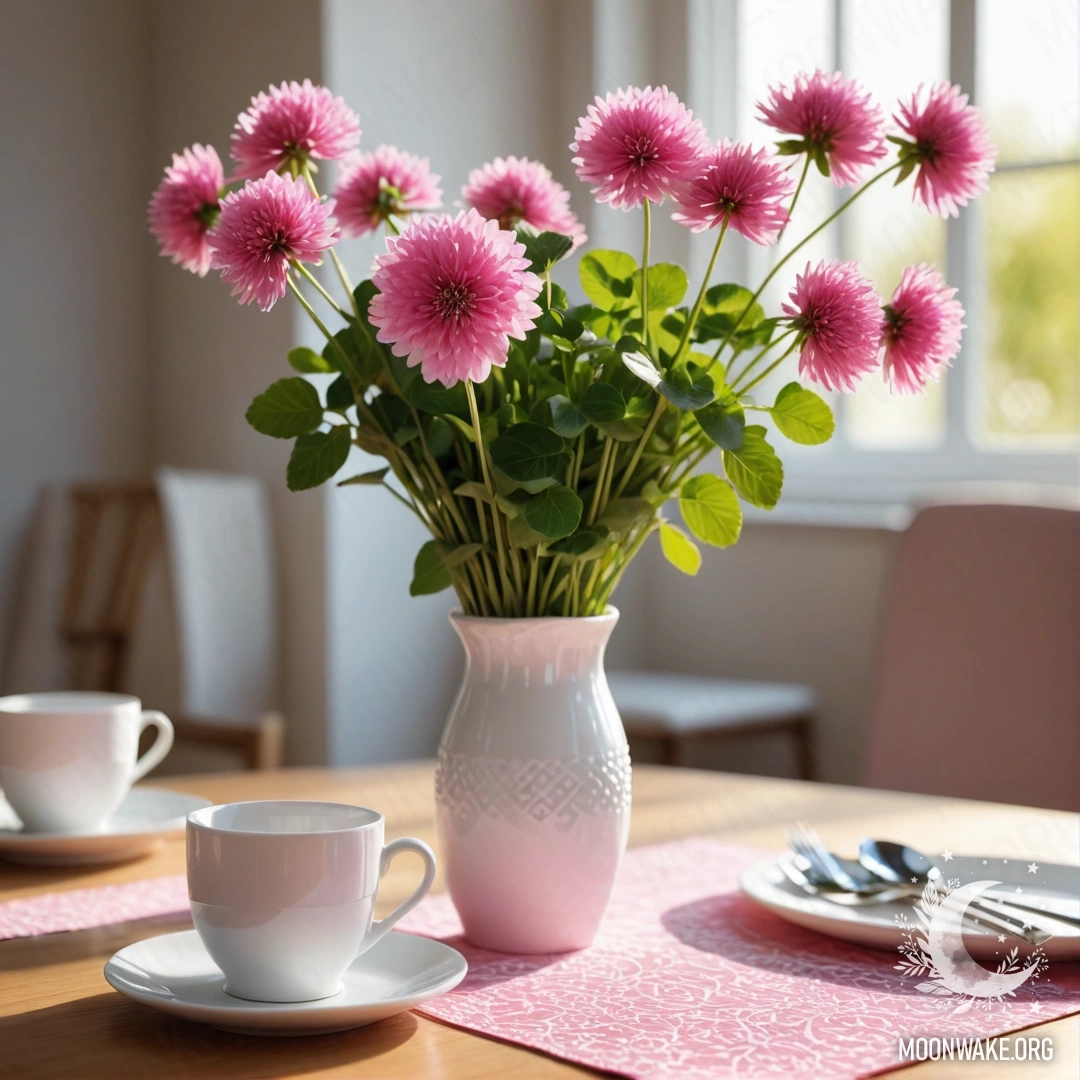 Круглая соломенная салфетка с белыми фарфоровыми чашками с розовым узором и клевером в белой вазе, озарённой солнечными лучами.