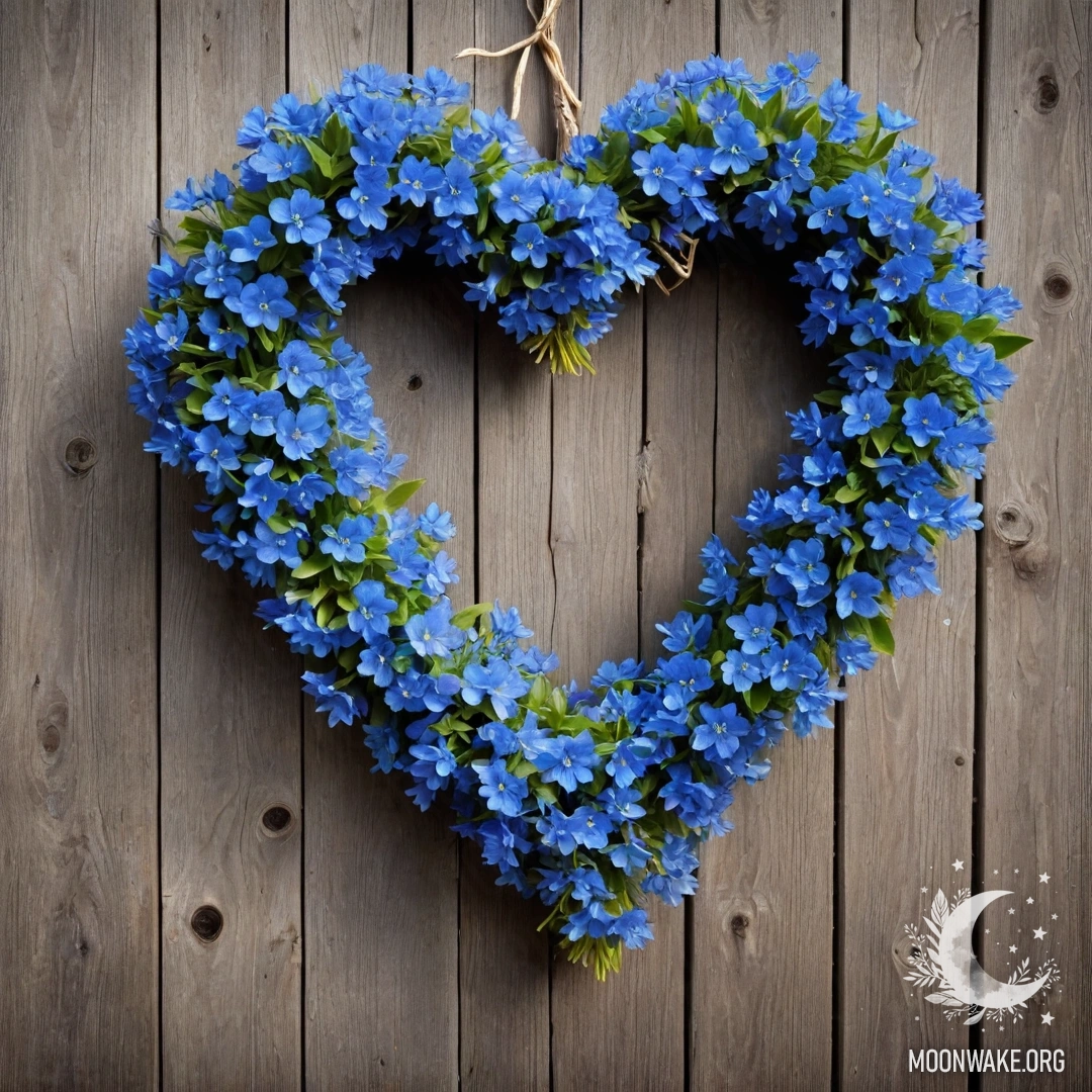 Небольшой мешочек из бурлака, наполненный анютиными глазками, висит на старой деревянной стене, окружённый густым туманом.