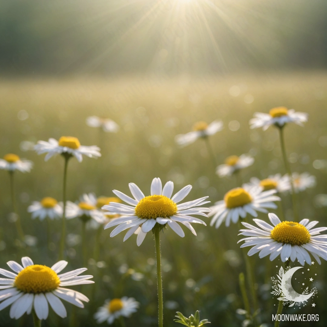 Минималистичное изображение ромашек, окруженных туманом и золотыми солнечными лучами.