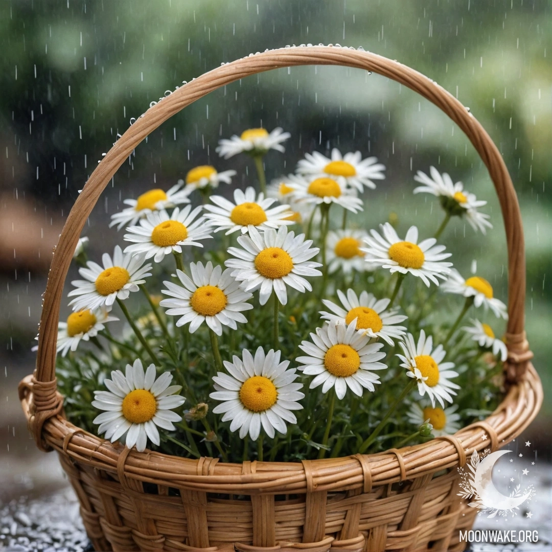 Красивая золотая ромашка в корзине под дождем.