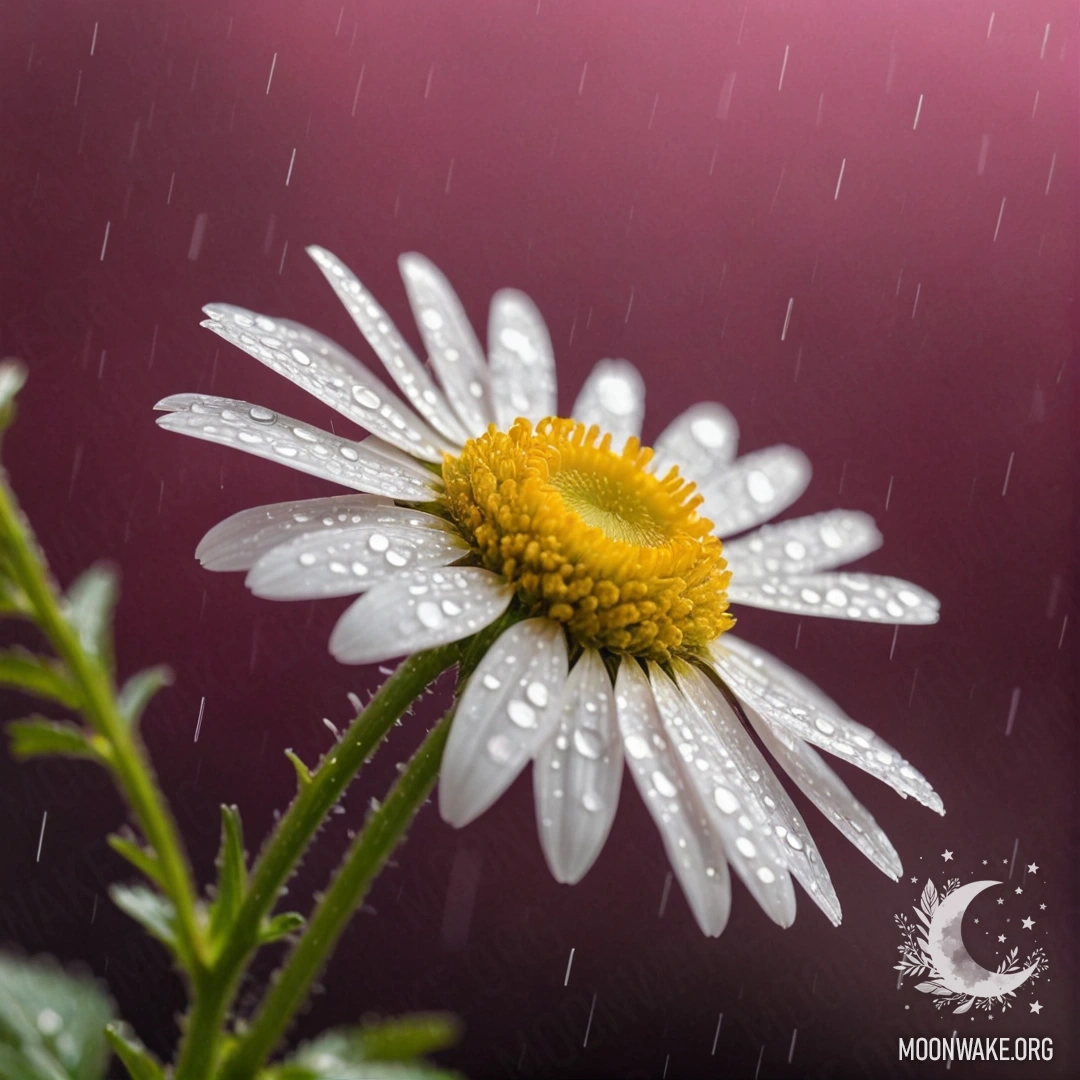 Нежная ромашка, залитая дождем, на фоне солнечных лучей и блесток.