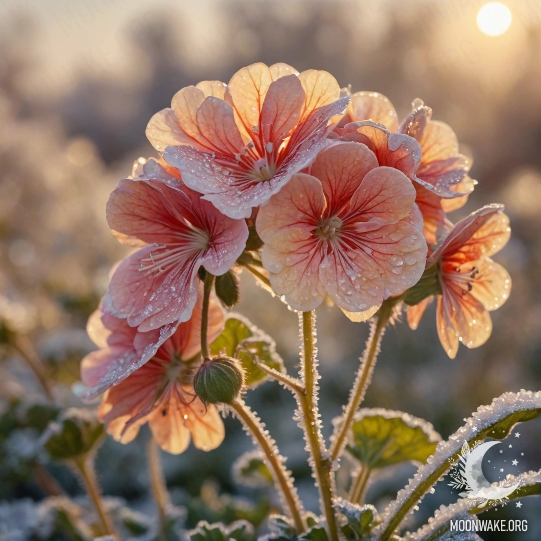 Спокойная сцена с нежными цветами ромашки, покрытыми инеем, на фоне яркого заката.