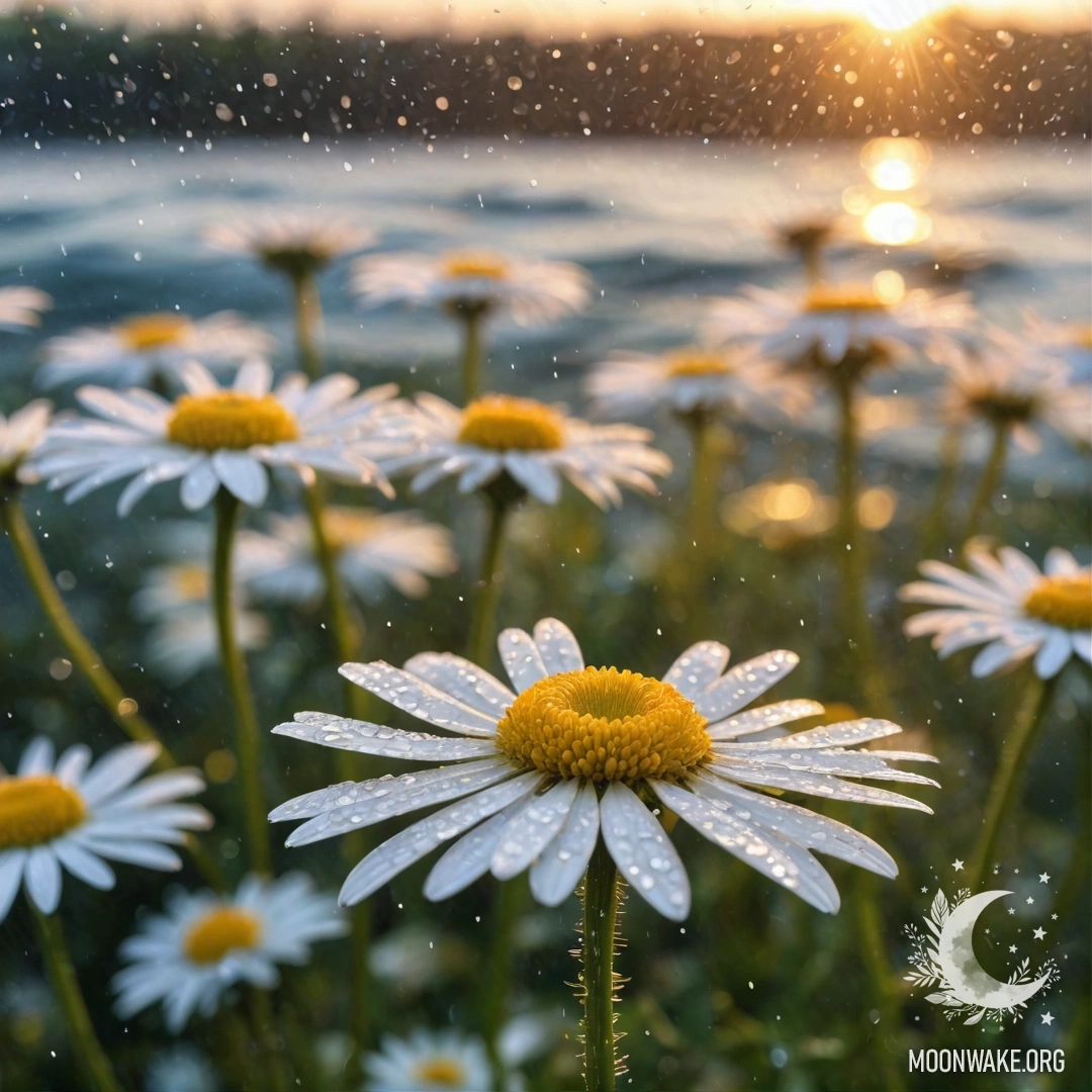 Красивые ромашки под дождем на закате с блестками.